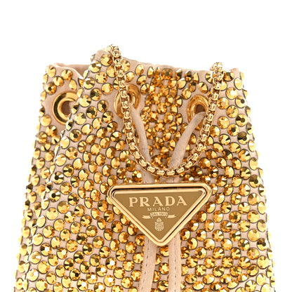 Prada Satin Crystal Metal Triangle Logo Mini Drawcord Pouch Shoulder Bag Platino 8 of 12