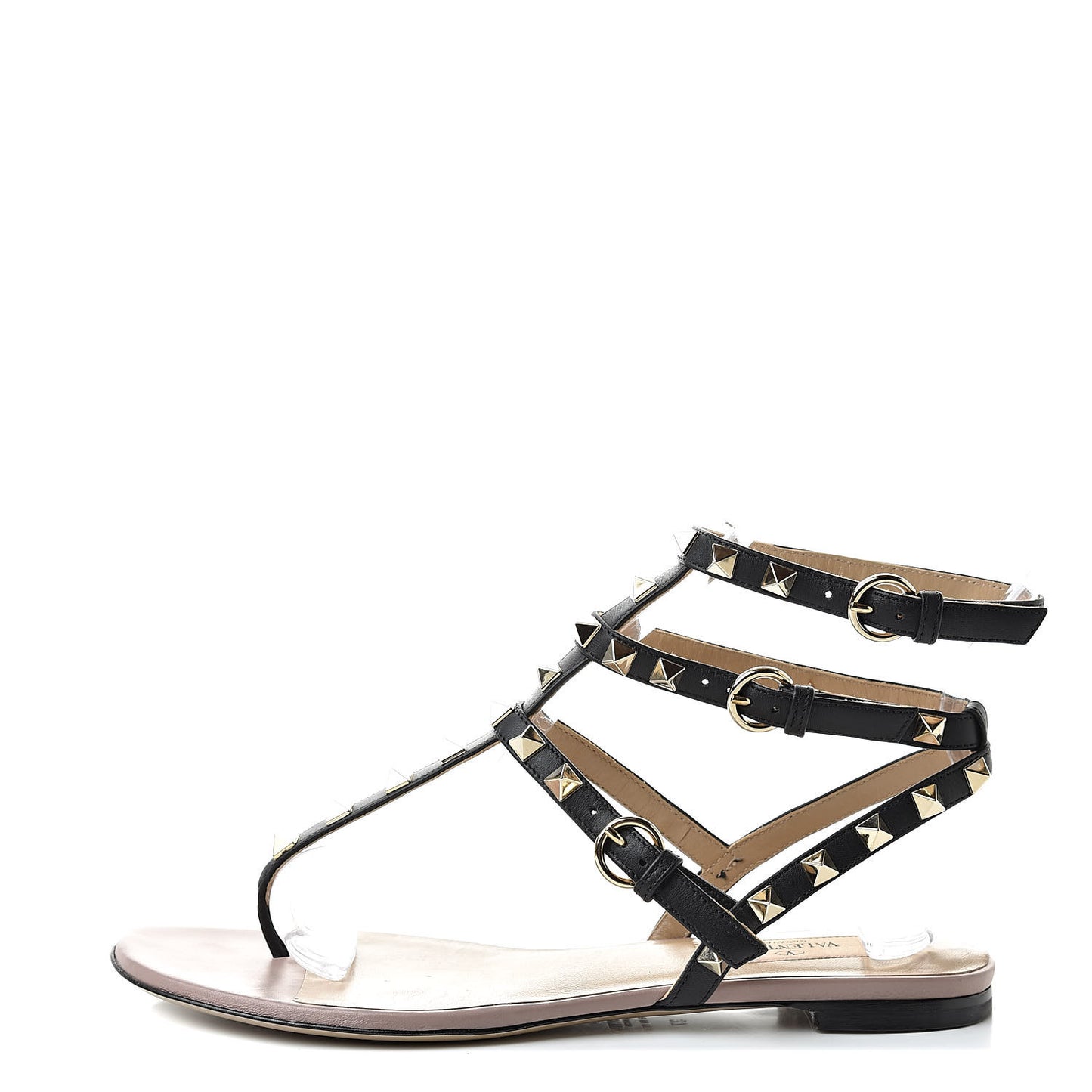 Calfskin Rockstud Ankle Wrap Flat Thong Sandals 37 Black Poudre