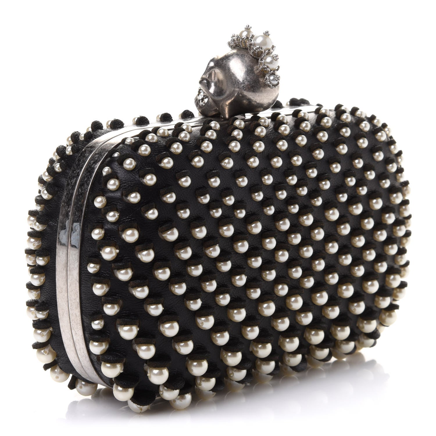 Alexander McQueen Pearl Embellished Calfskin Skull Box Clutch Black 4 of 9