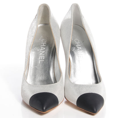 Chanel Metallic Leather Cap Toe Pumps Silver Black 37.5 2 of 10