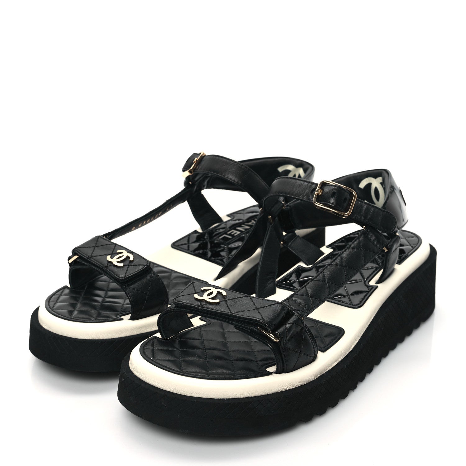 Chanel Lambskin Patent Logo Platform Sandals 41 Black White 3 of 9