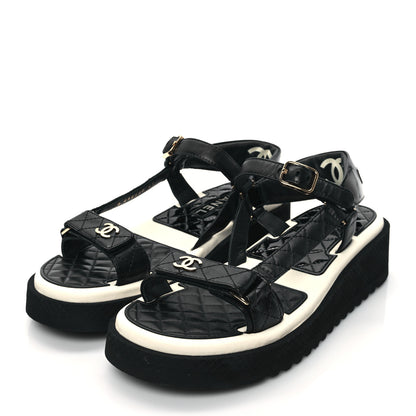 Chanel Lambskin Patent Logo Platform Sandals 41 Black White 3 of 9