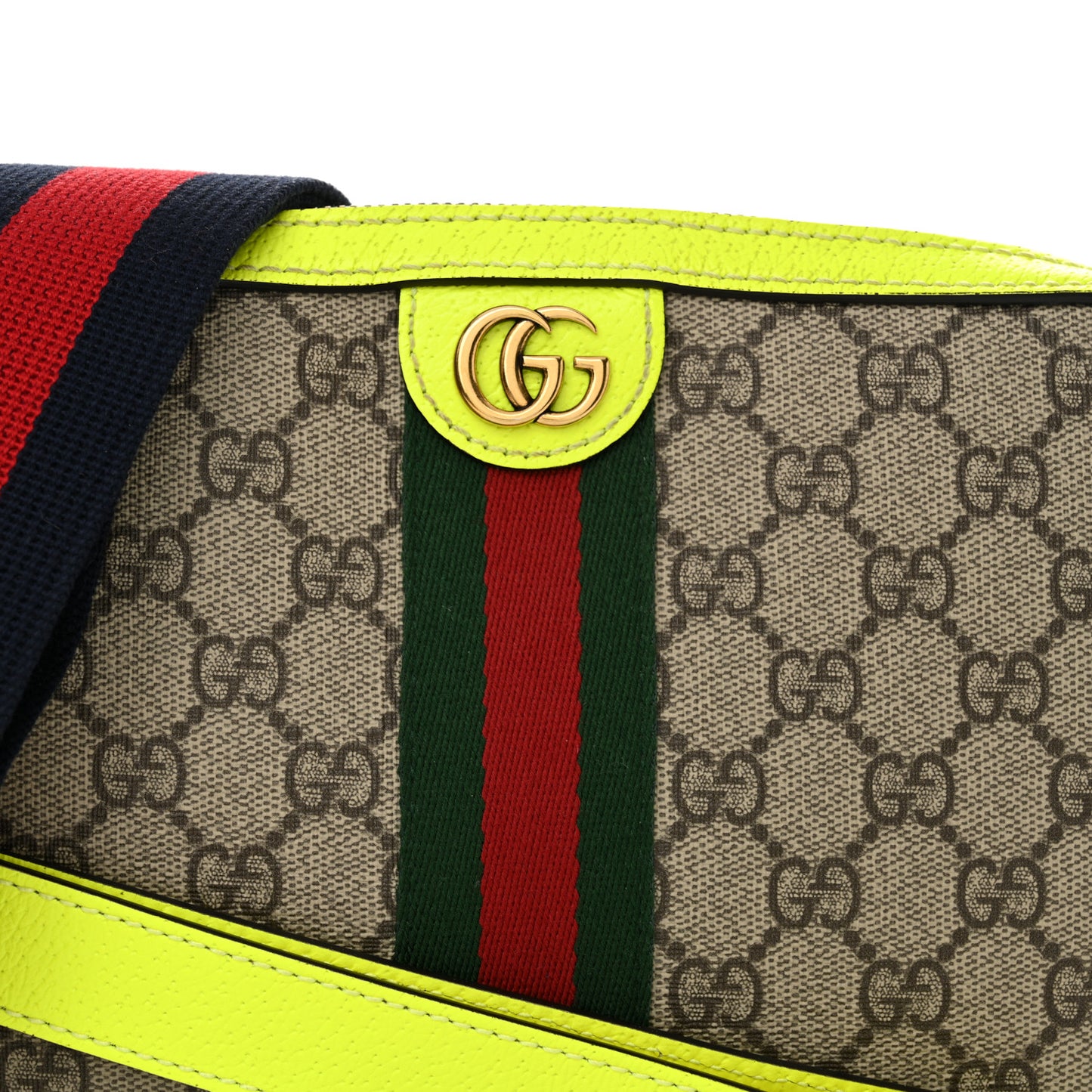 GG Supreme Monogram Textured Dollar Calfskin Web Ophidia Wristlet Shoulder Bag Beige Ebony Fluo Yellow