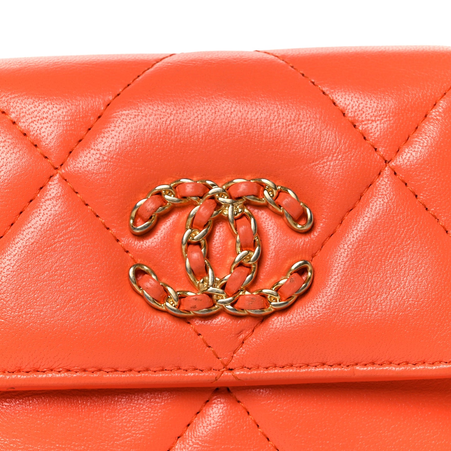 Goatskin Quilted Chanel 19 Small Flap Wallet Orange