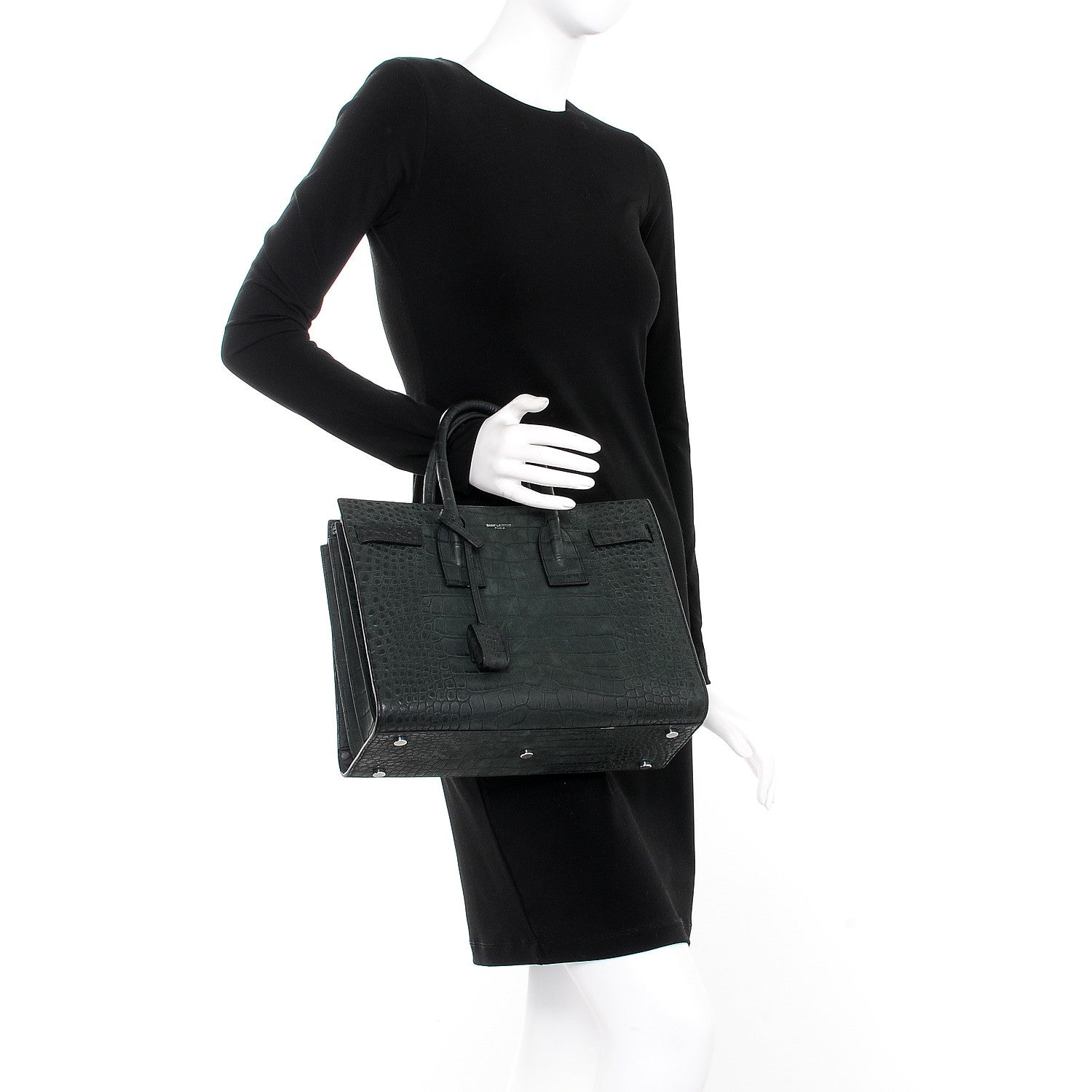 Saint Laurent Calfskin Crocodile Embossed Small Sac de Jour Dusty Black 3 of 14