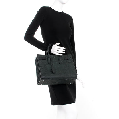 Saint Laurent Calfskin Crocodile Embossed Small Sac de Jour Dusty Black 3 of 14