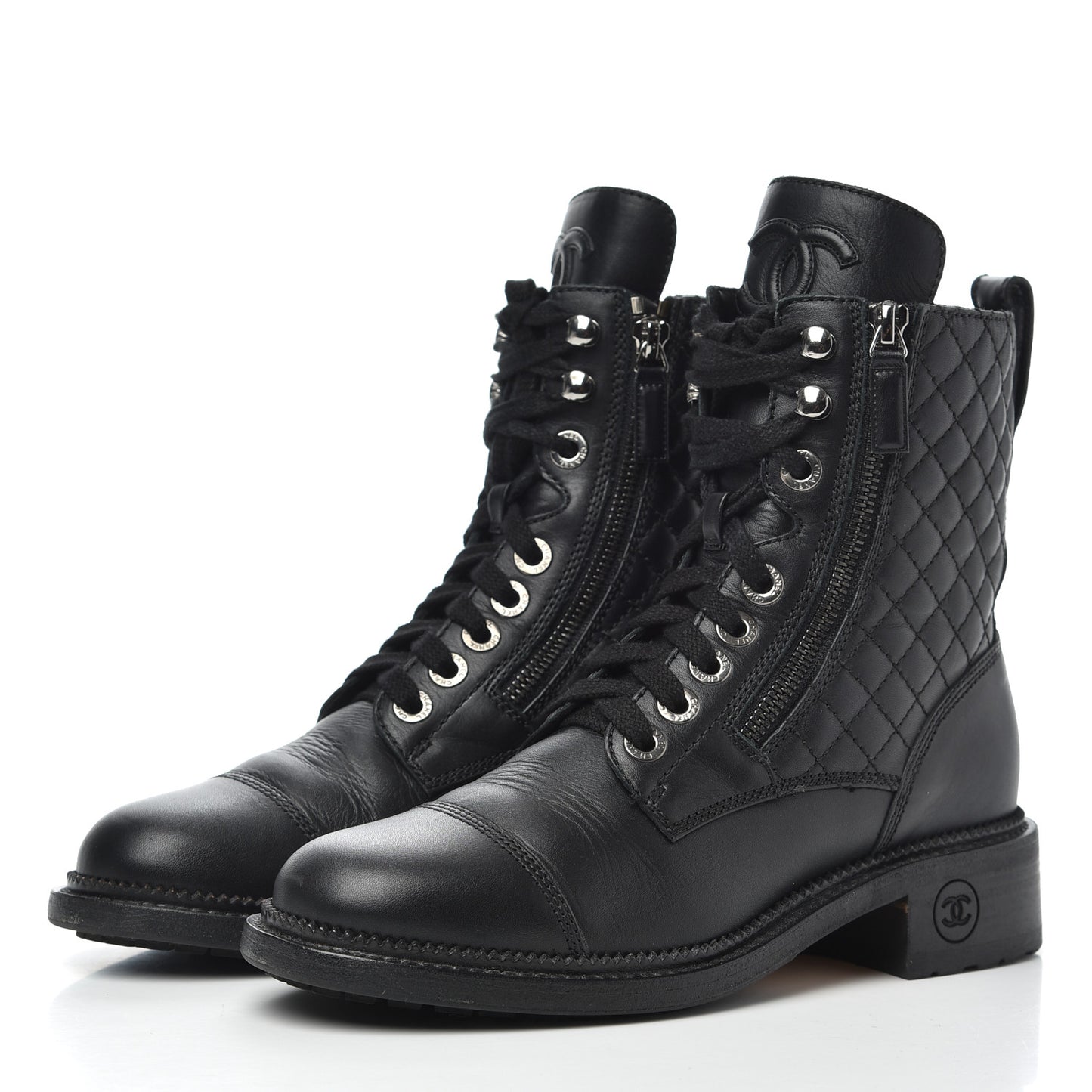 Calfskin Quilted Lace Up Combat Boots 37 Black