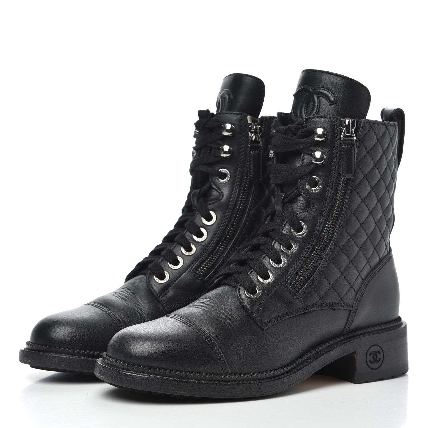 Chanel Calfskin Quilted Lace Up Combat Boots 37 Black 3 of 26