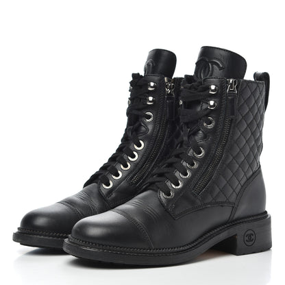 Chanel Calfskin Quilted Lace Up Combat Boots 37 Black 3 of 26