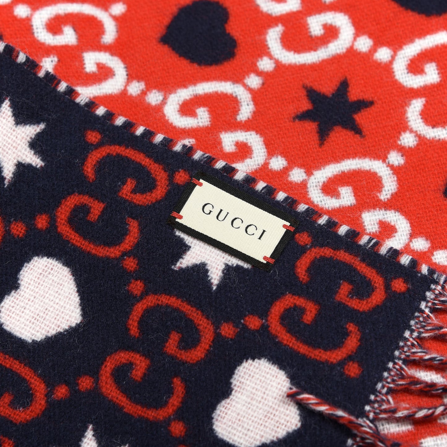 Wool Jacquard GG Monogram Hearts Scarf Red Blue