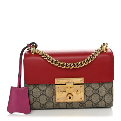 Gucci GG Supreme Monogram Calfskin Small Padlock Shoulder Bag Beige Hibiscus Red New Rosette 1 of 12