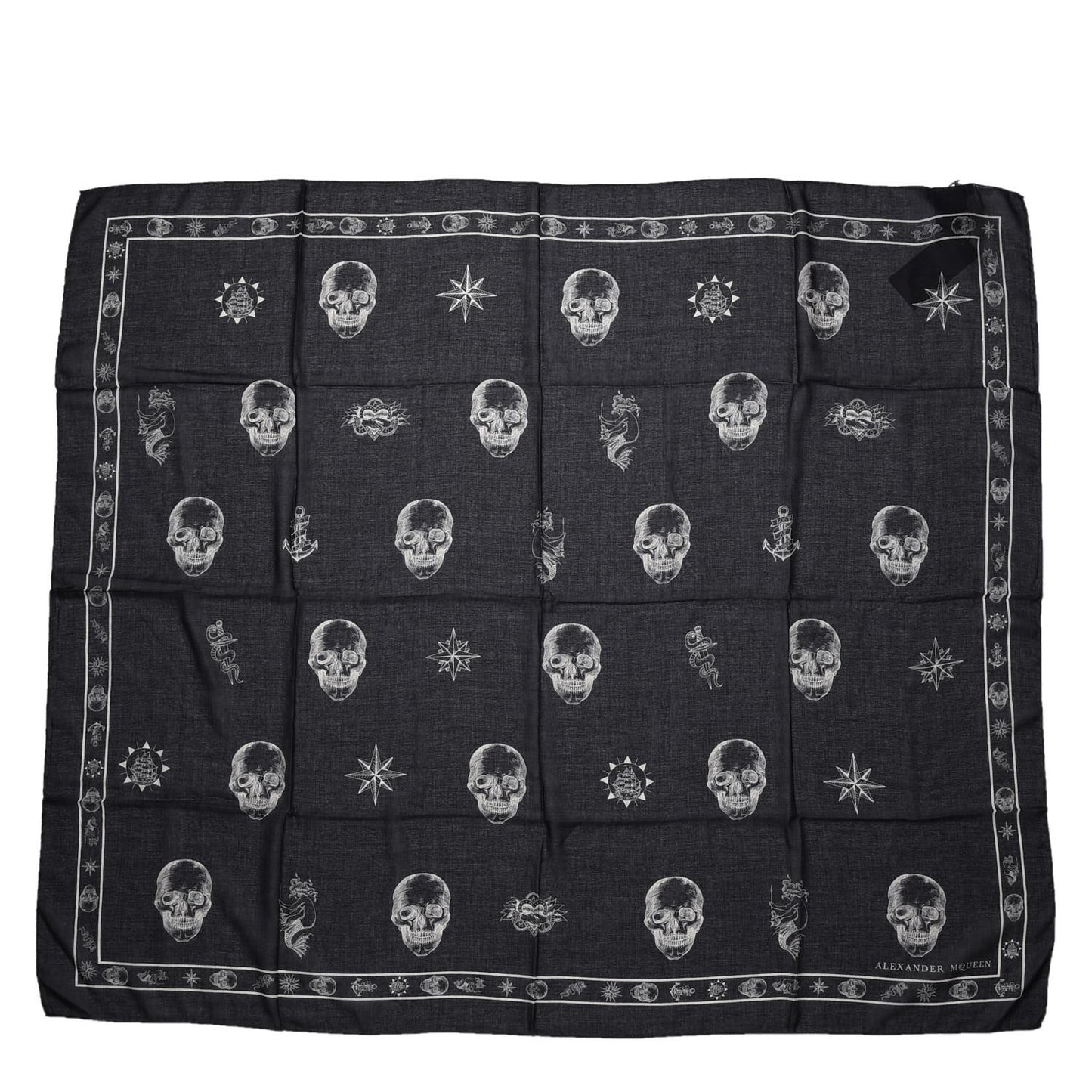 Silk Chiffon Skull Tattoo Scarf Black Ivory