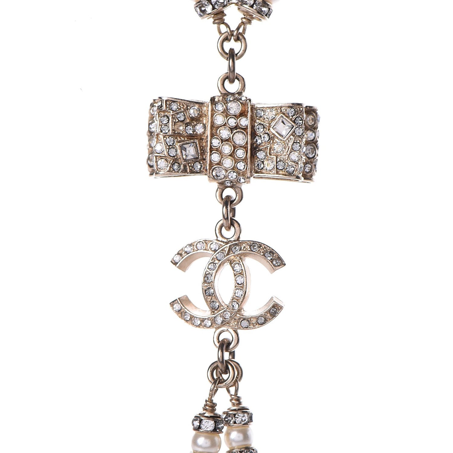 Crystal Pearl CC Bow Necklace Gold