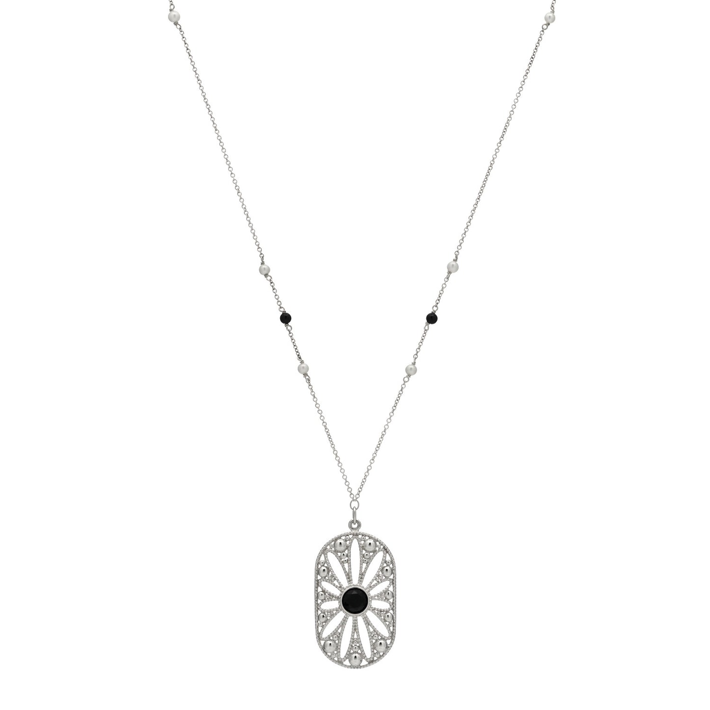 Sterling Silver Black Onyx Pearl Ziegfeld Daisy Pendant Necklace