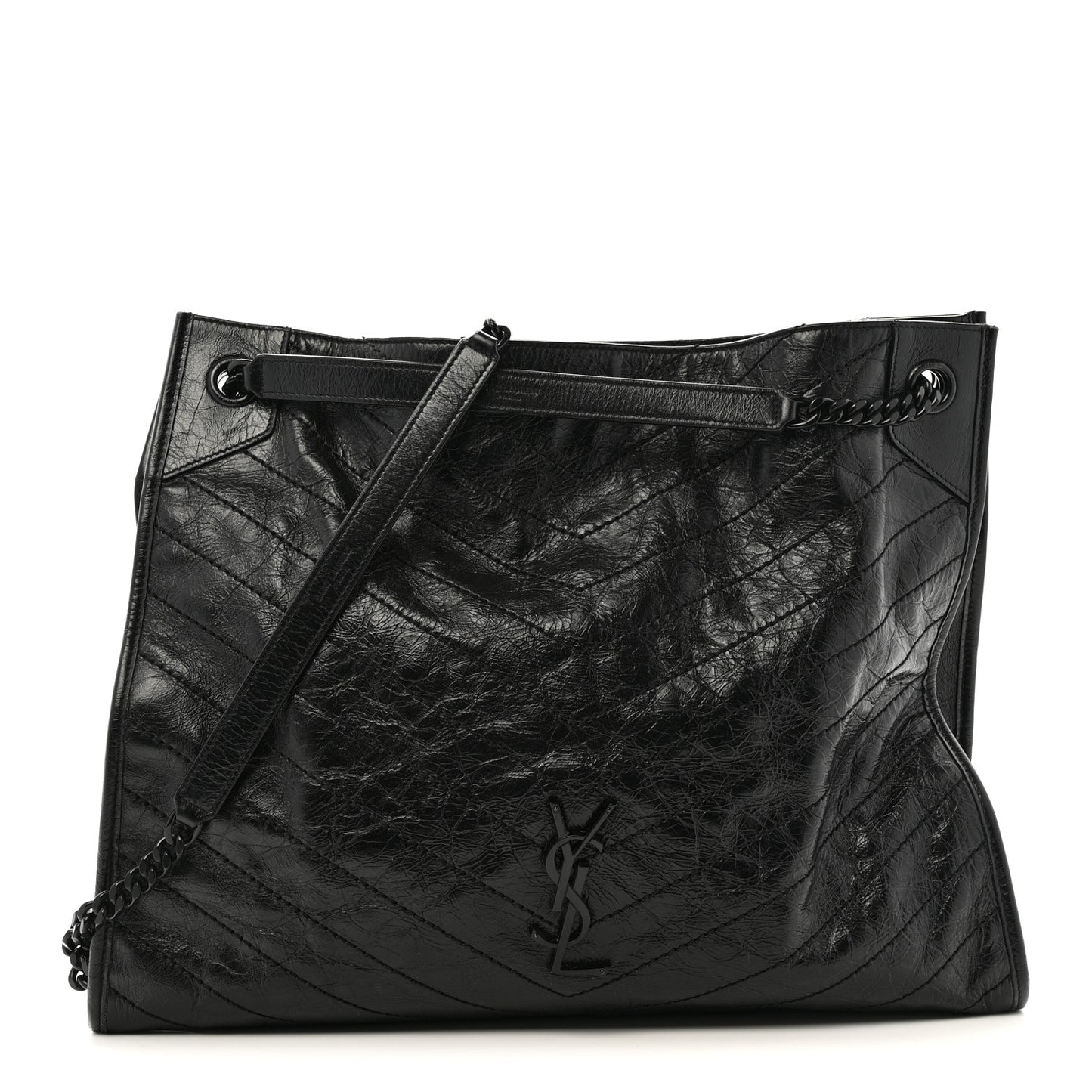 Crinkled Calfskin Matelasse Monogram Large Niki Shopper Tote Black
