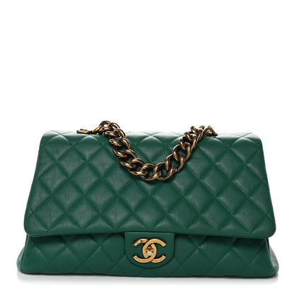 Chanel Shiny Sheepskin Quilted Large Trapezio Flap Green 1 of 10