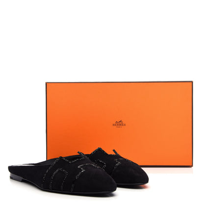 Hermes Suede Goatskin Rhinestone Roxane Mules 37 Black 10 of 10