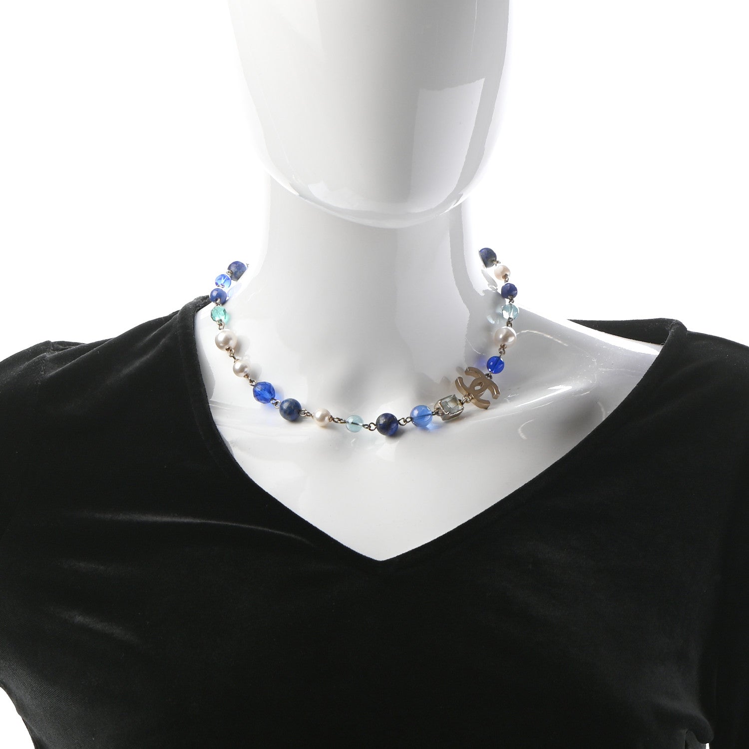 Chanel Ruthenium Pearl Beaded CC Short Necklace Silver Blue 2 of 5