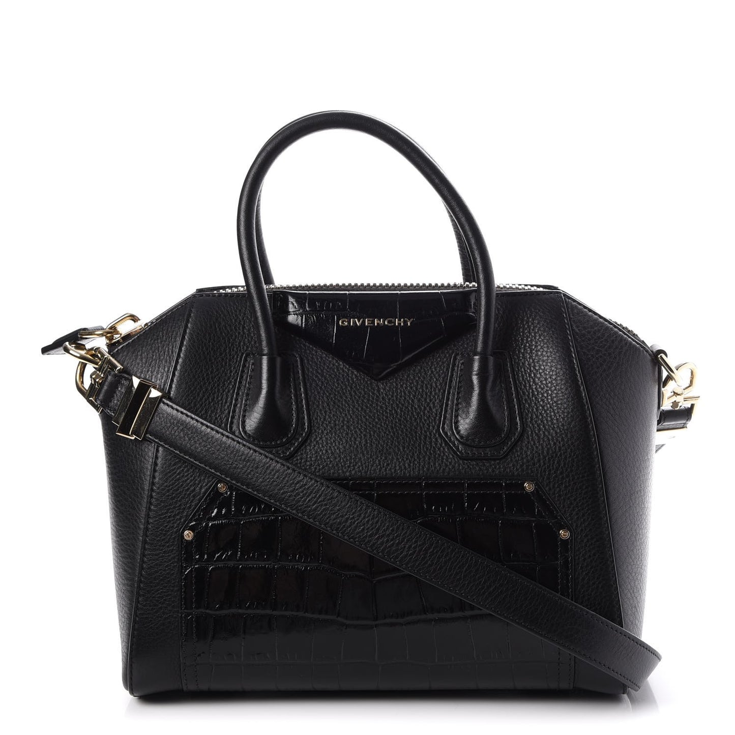 Calfskin Crocodile Embossed Small Antigona Black