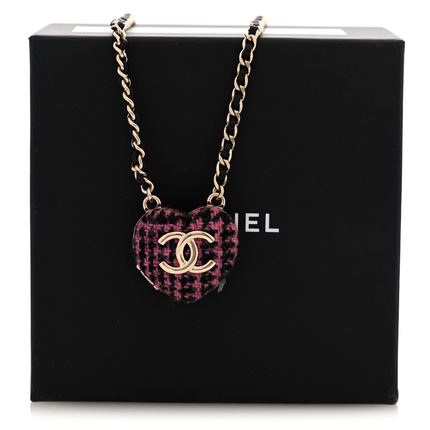 Chanel Lambskin Tweed CC Locket Pendant Necklace Black Pink Gold 6 of 6