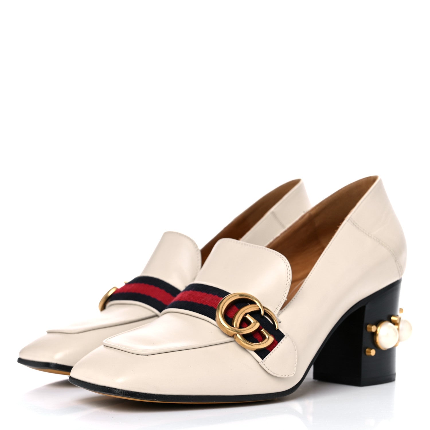 Gucci Betis Glamour Calfskin Web Pearl Embellished Peyton 75mm Loafer Pumps 39.5 Mystic White 3 of 17
