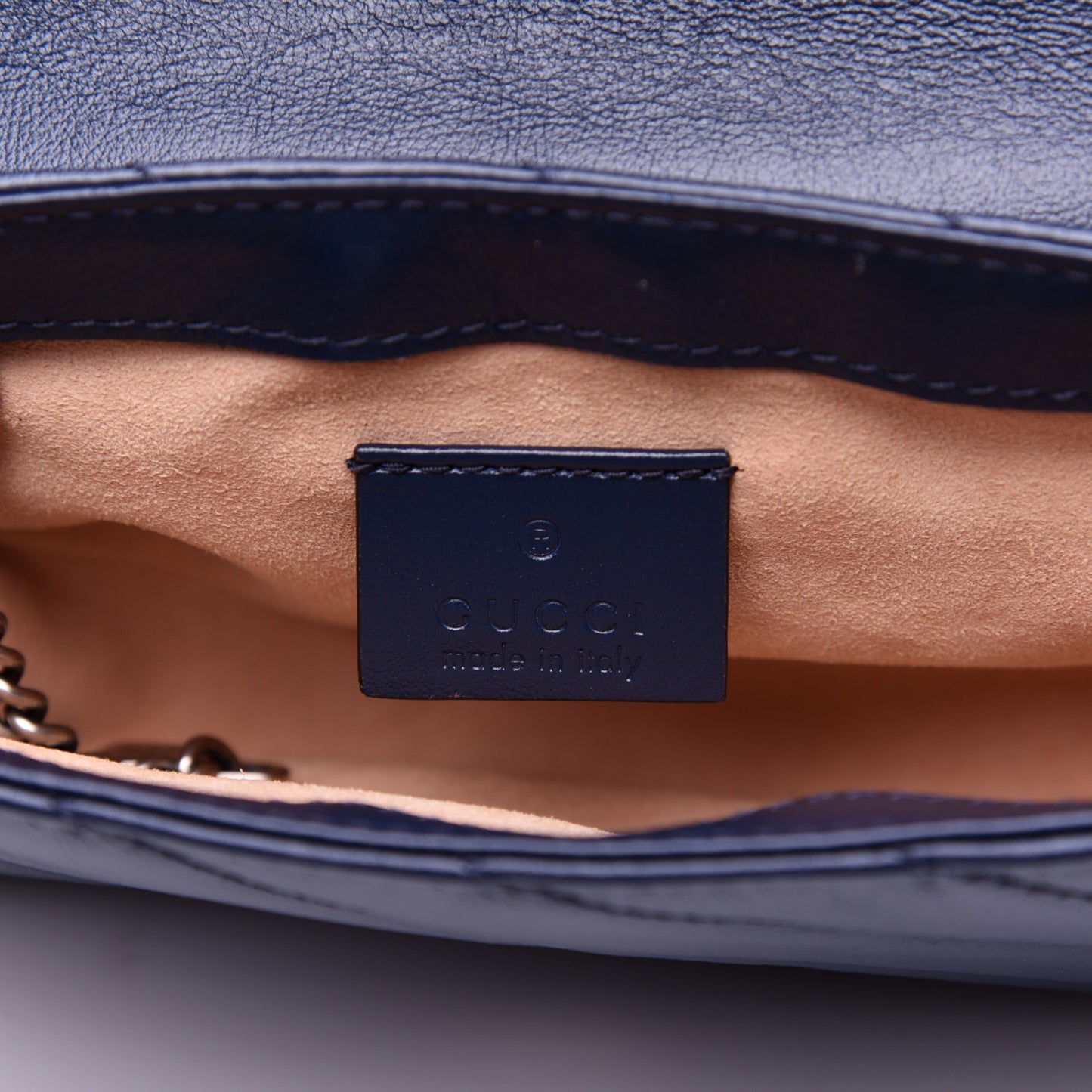 Vintage Effect Calfskin Matelasse Diagonal Super Mini Torchon GG Marmont Shoulder Bag Blue Agata Mystic White