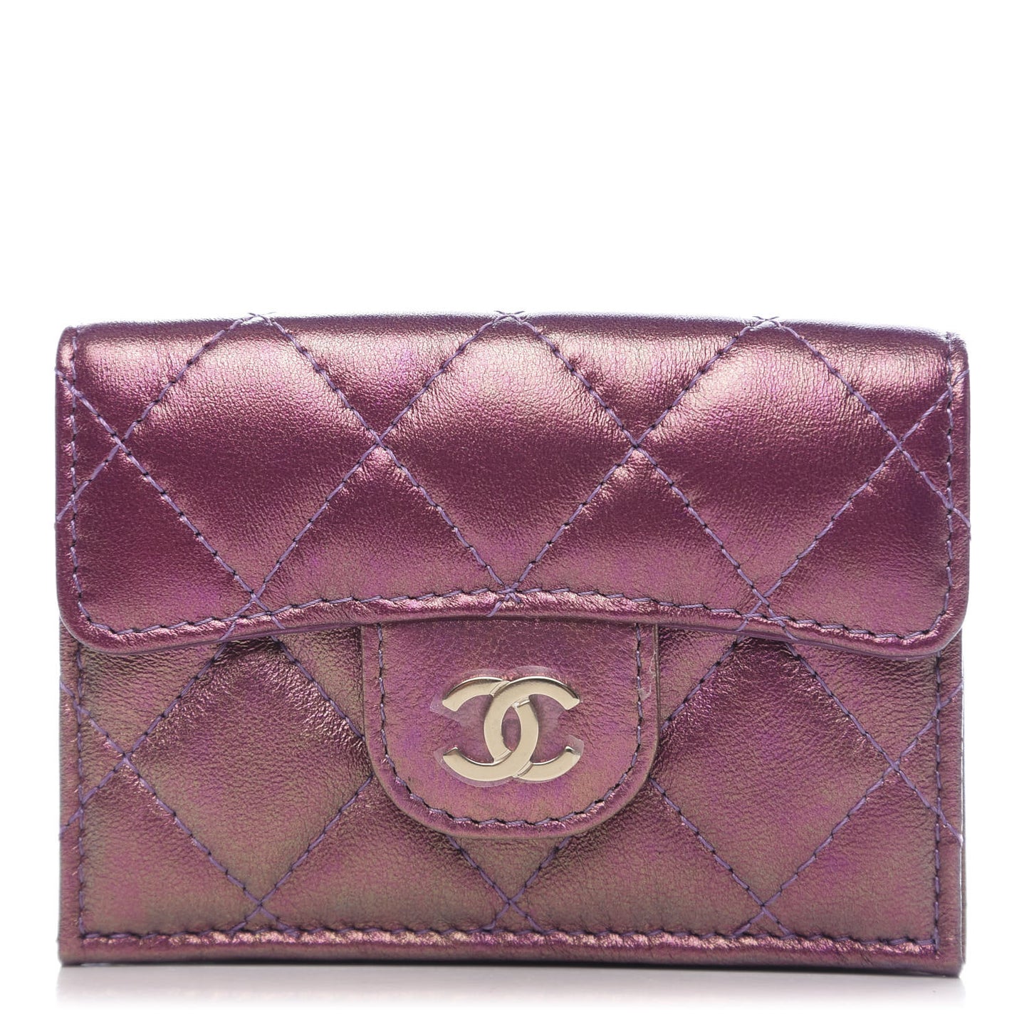 Iridescent Lambskin Small Quilted Flap Wallet Purple