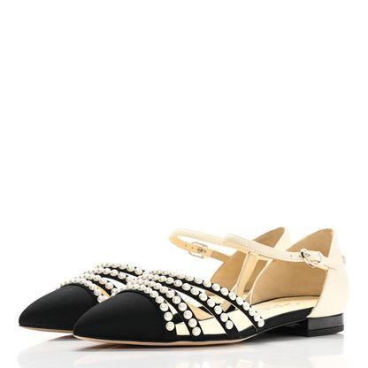 Chanel Lambskin Grosgrain Pearl Slingbacks 37 White Black 3 of 9