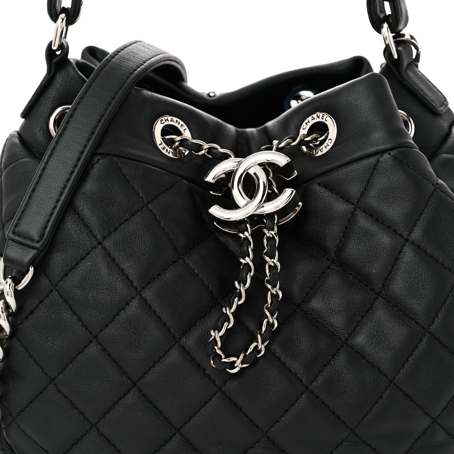 Lambskin Quilted CC Chain Drawstring Tote Black