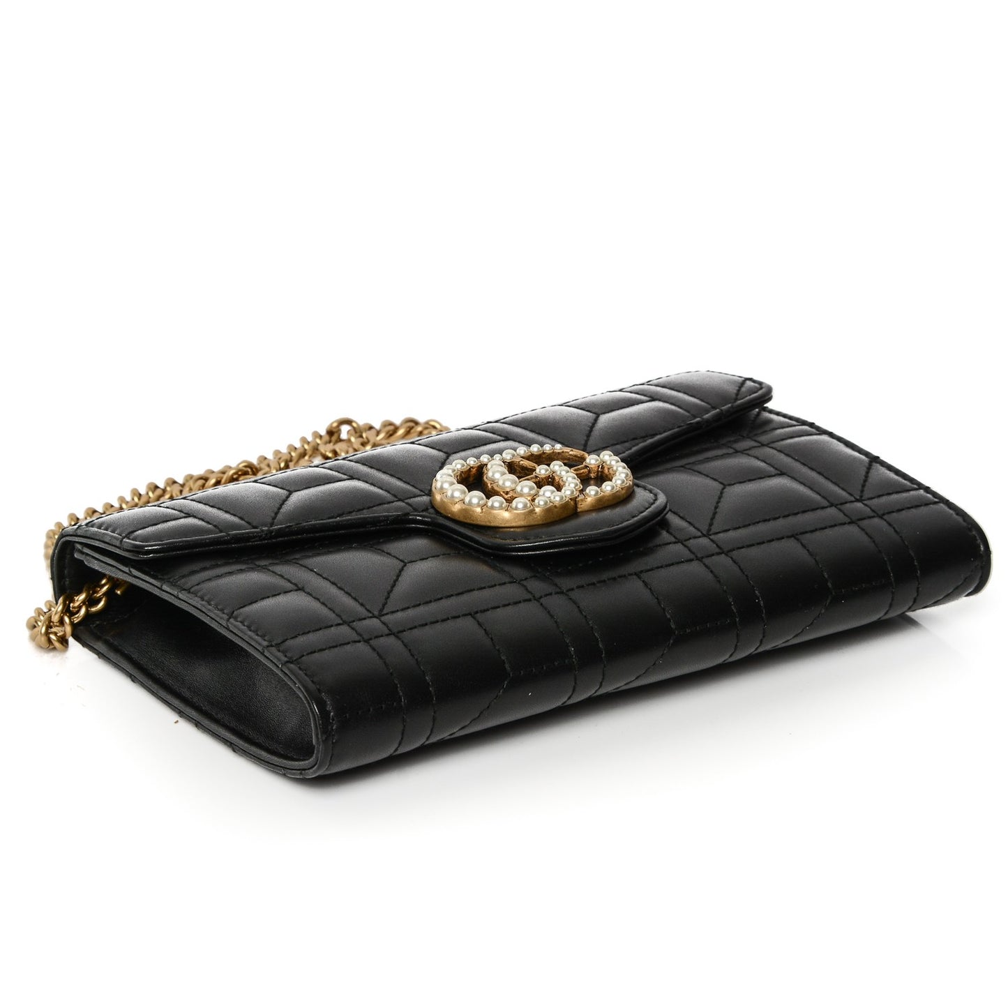 Calfskin Matelasse Mini Pearly GG Marmont Chain Wallet Black