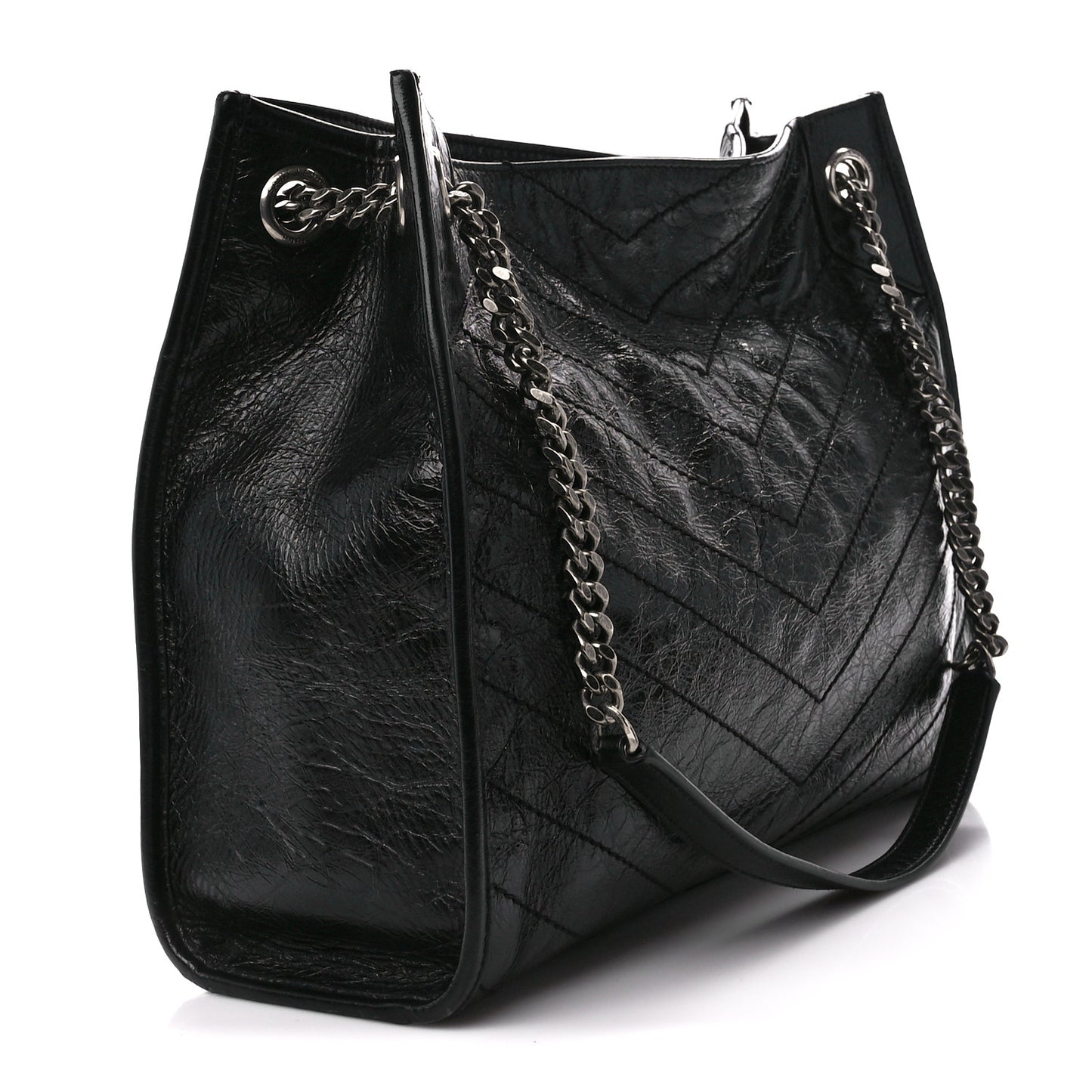 Crinkled Calfskin Matelasse Monogram Medium Niki Shopper Tote Black