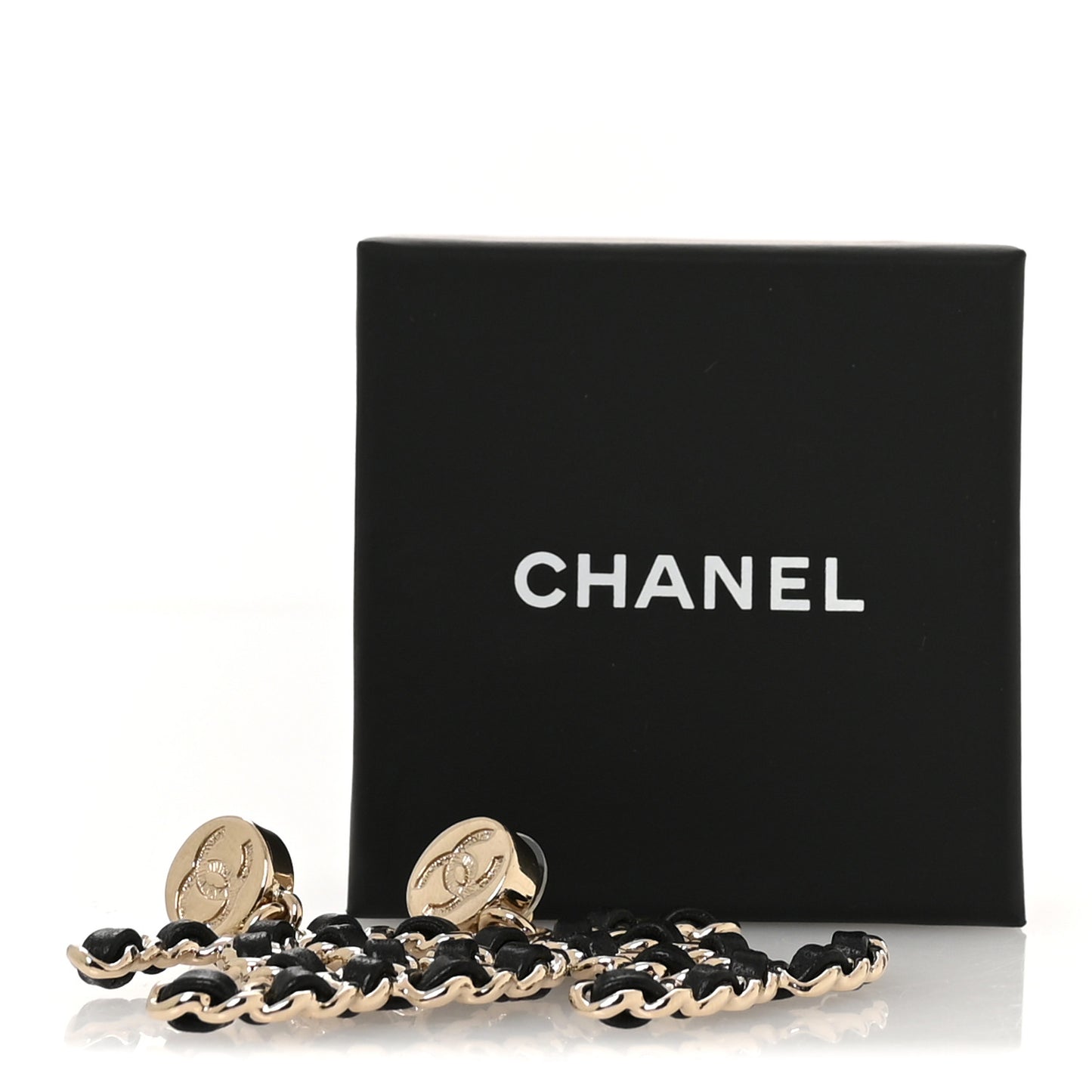 Lambskin Chain CC Drop Earrings Black Gold