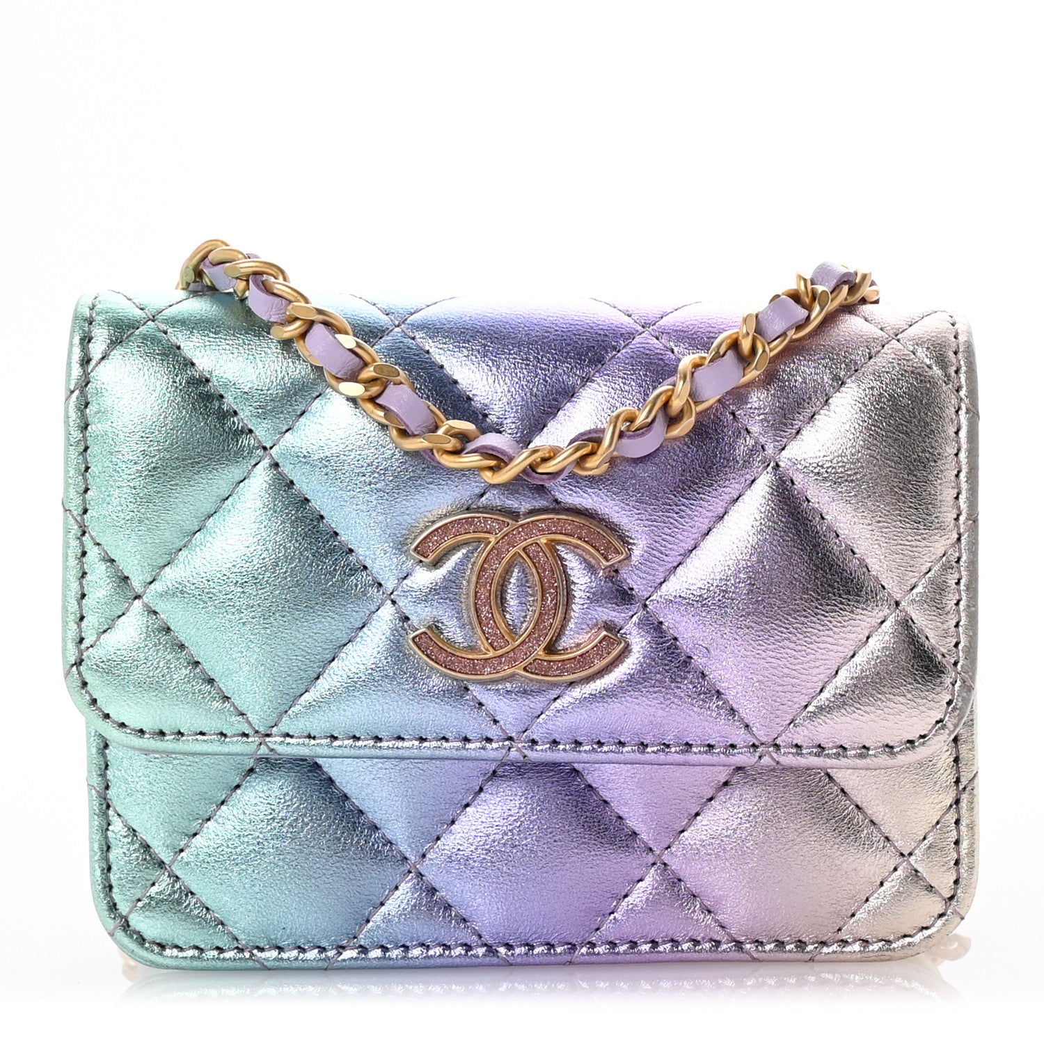 Chanel Gradient Metallic Lambskin Quilted Flap Chain Belt Bag Pink Purple Green 1 of 10