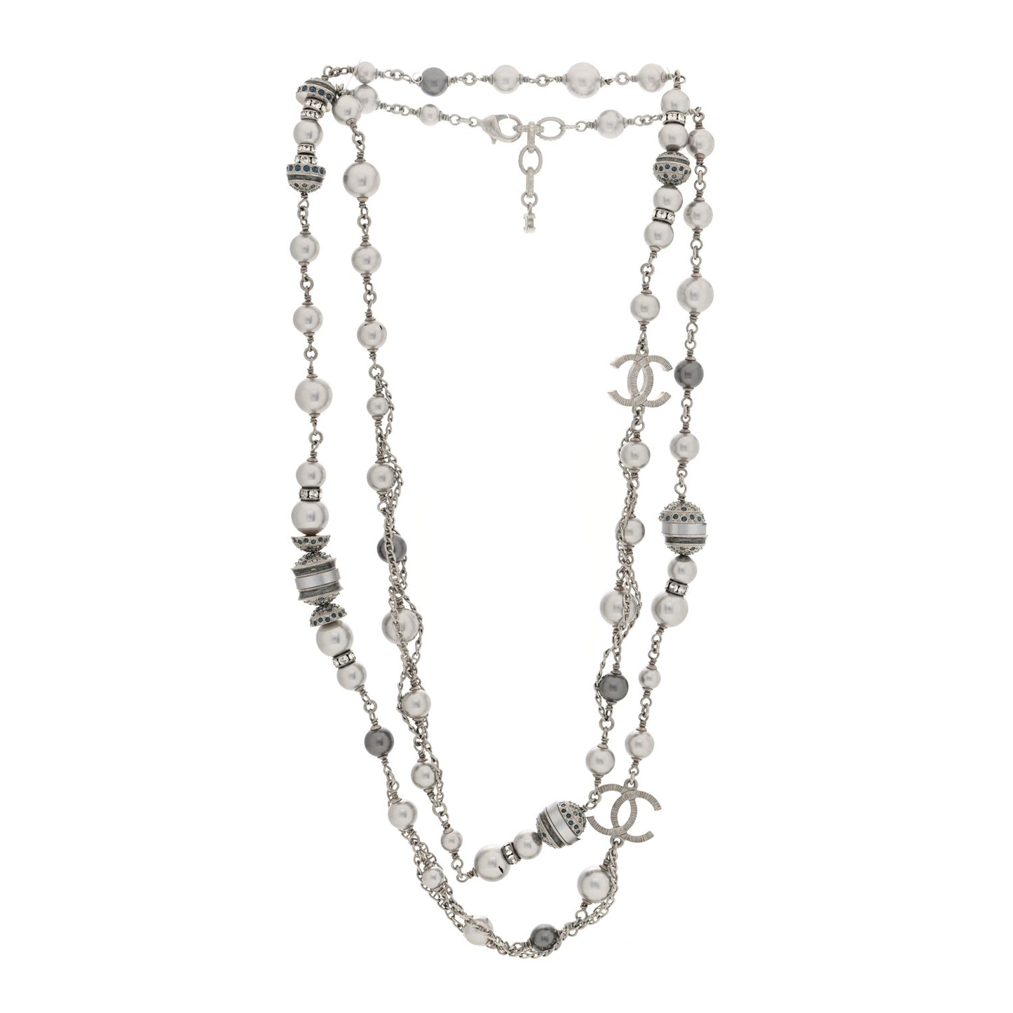 Metal Crystal Pearl CC Long Necklace Silver