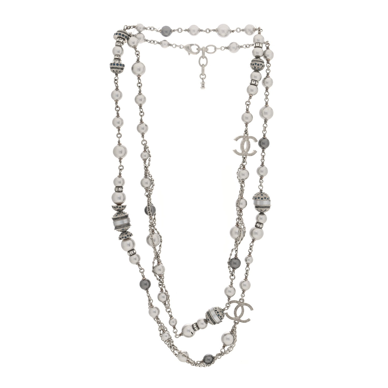 Chanel Metal Crystal Pearl CC Long Necklace Silver 3 of 5