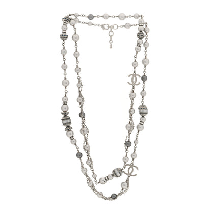 Chanel Metal Crystal Pearl CC Long Necklace Silver 3 of 5