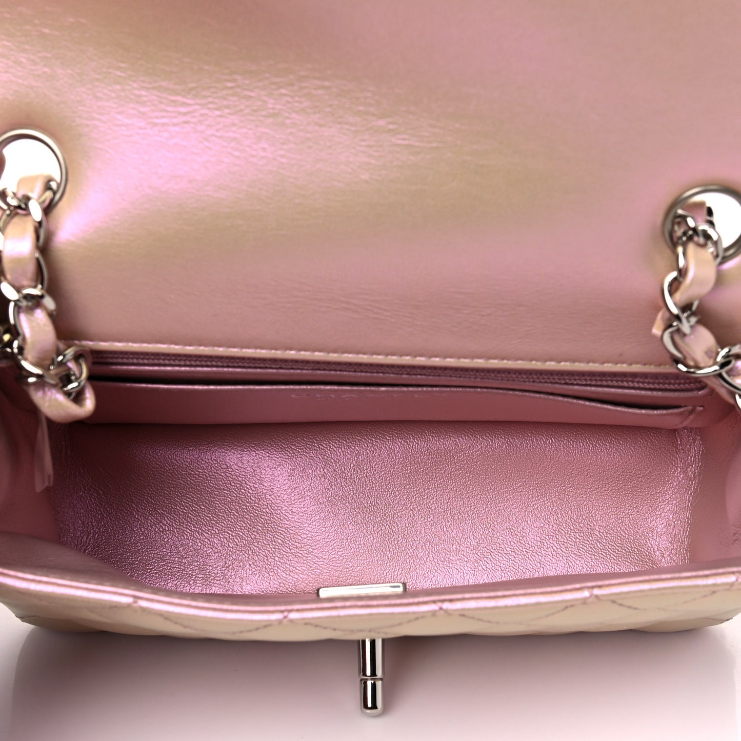 Iridescent Calfskin Quilted Mini Rectangular Flap Pink