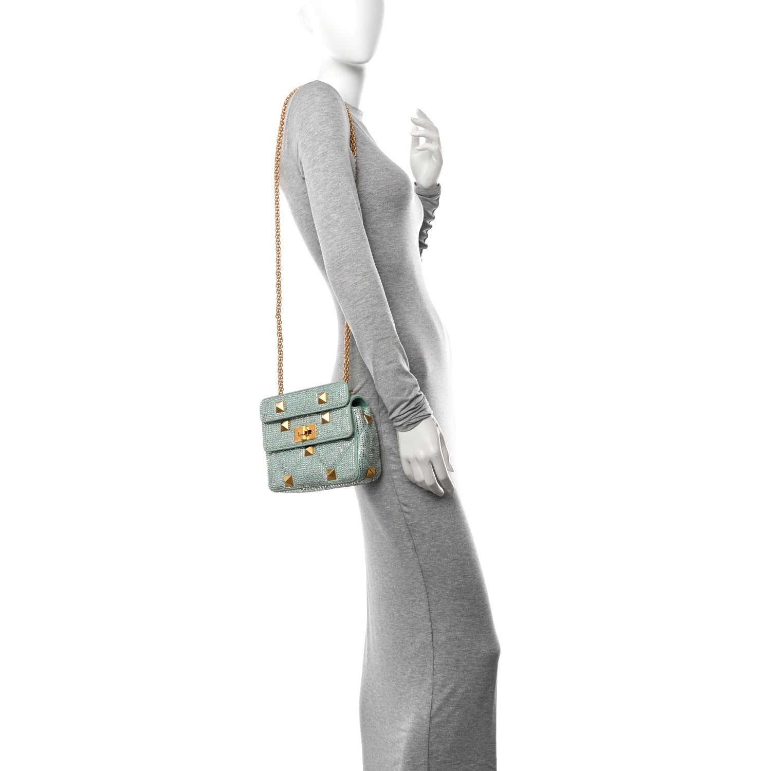 Valentino Garavani Crystal Suede Small Roman Stud Shoulder Bag Green 2 of 10