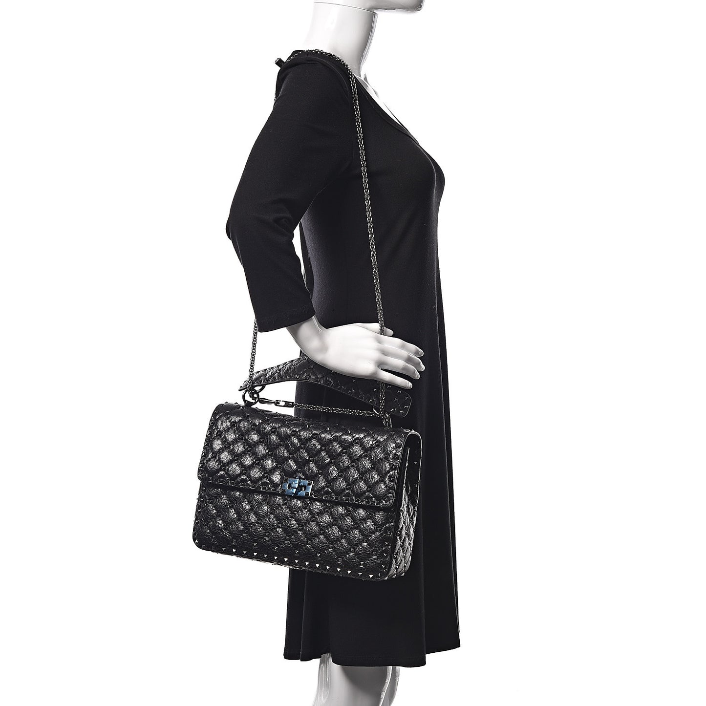 Craquele Nappa Large Rockstud Spike Shoulder Bag Black