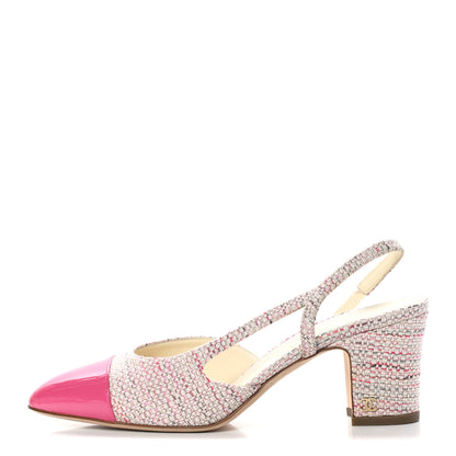 Chanel Tweed Patent Cap Toe CC Slingback Pumps 37.5 Pink White 1 of 10