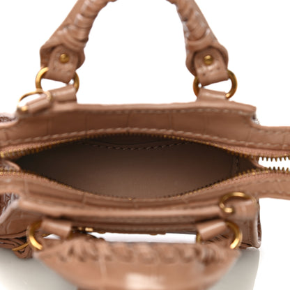 Balenciaga Shiny Supple Calfskin Crocodile Embossed Neo Classic Gold Hardware Super Nano City Crossbody Nude Beige 5 of 8