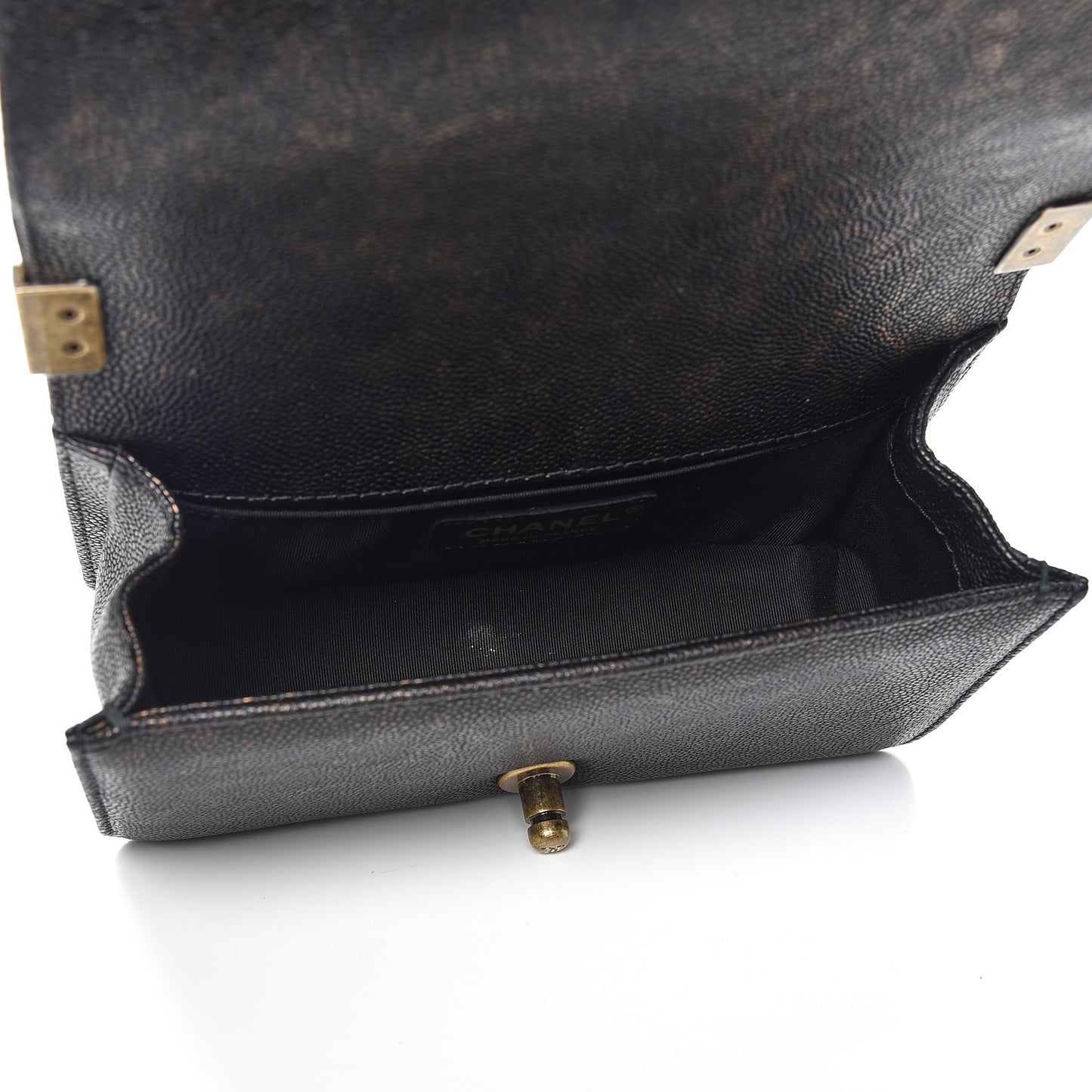 Patinated Calfskin Braid Around Chevron Small Boy Flap Brown