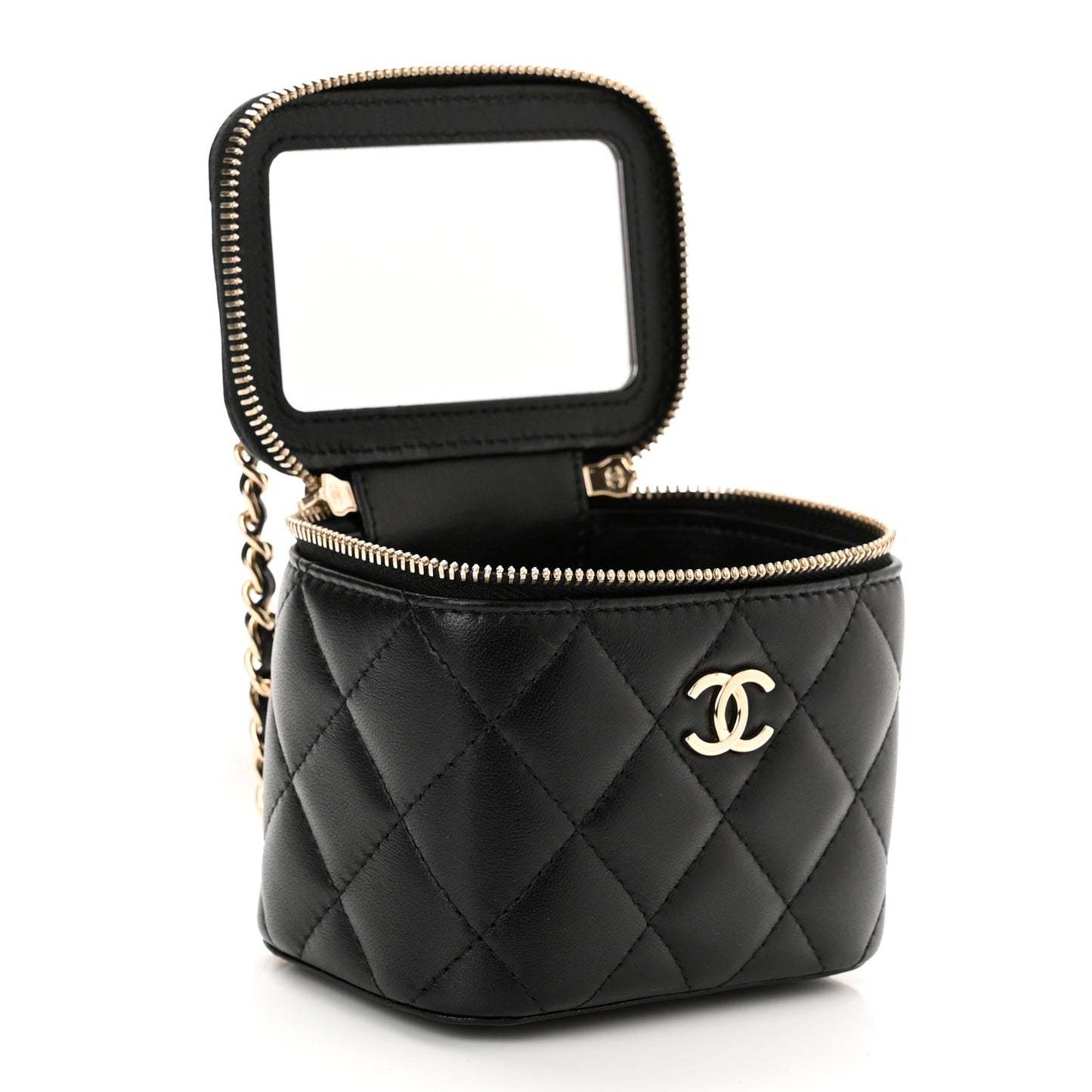 Lambskin Quilted Top Handle Mini Vanity Case With Chain Black