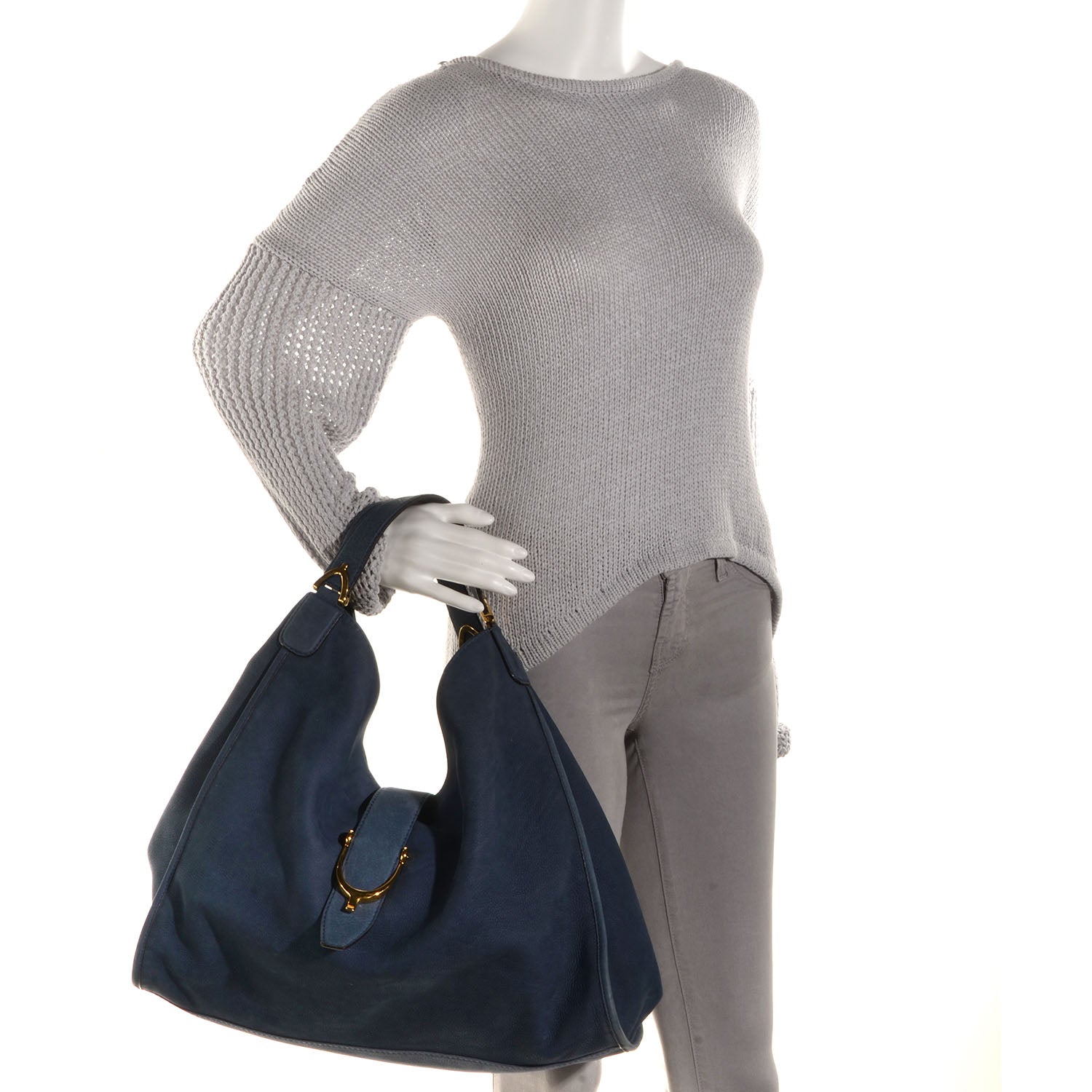 Gucci Nubuck Large Soft Stirrup Shoulder Bag Navy 2 of 7