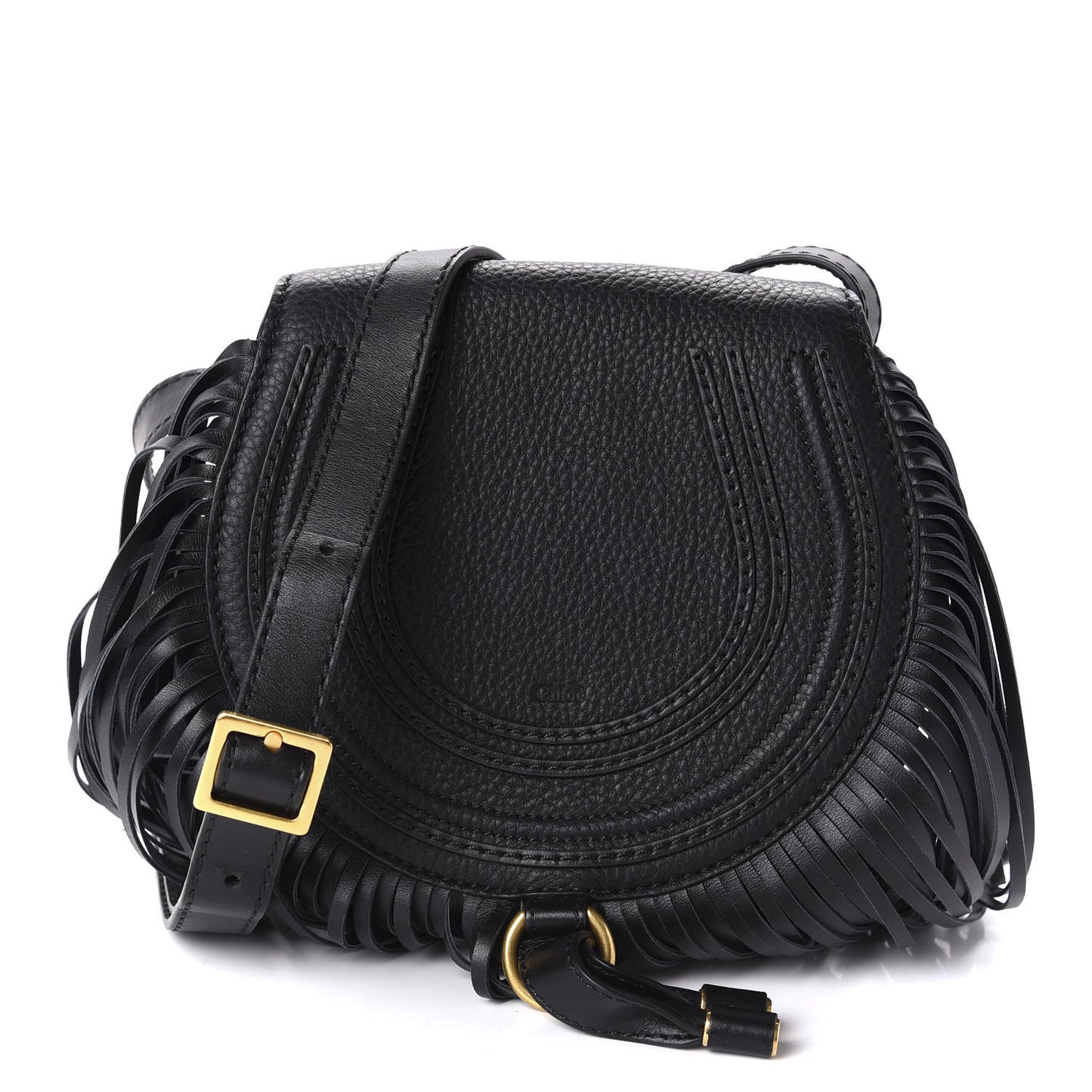 Calfskin Mini Marcie Round Fringe Crossbody Bag Black