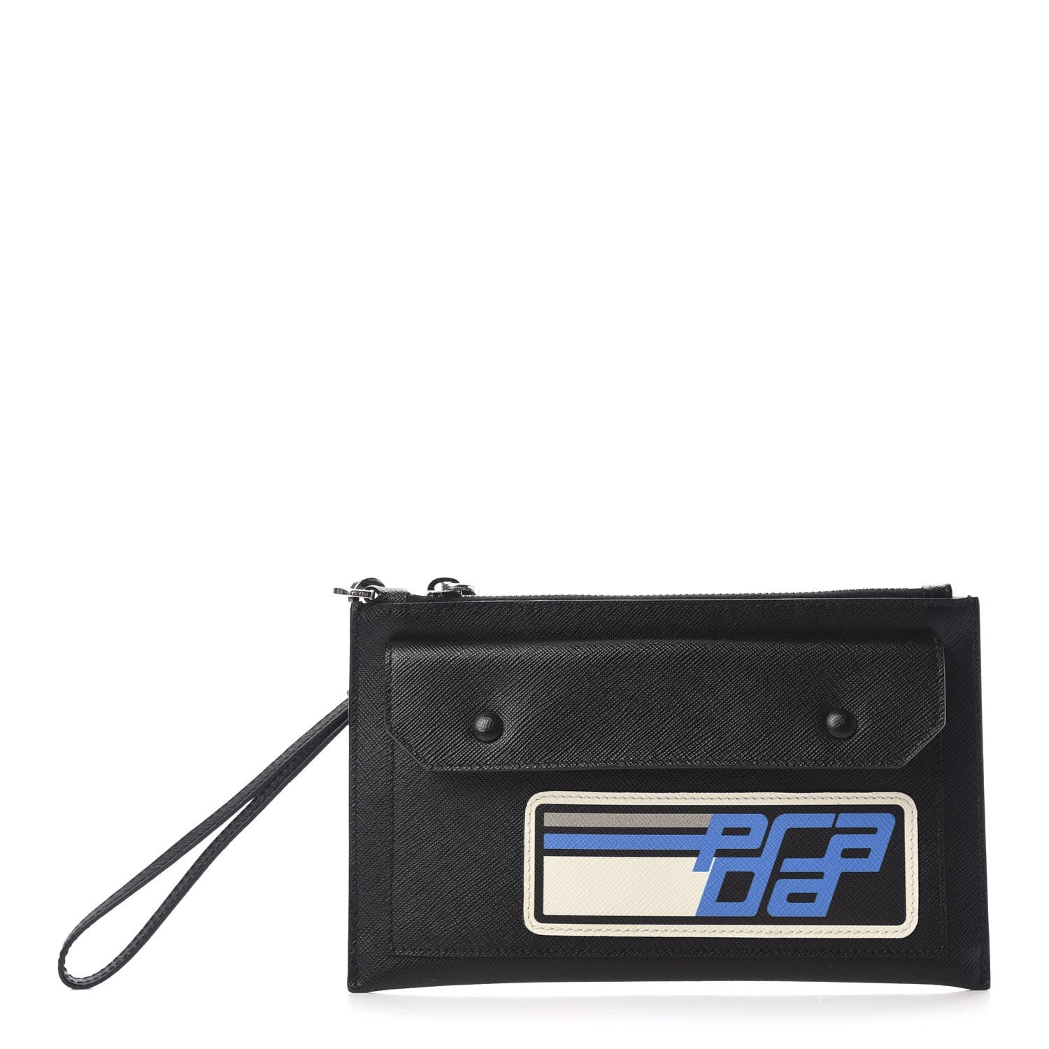 Prada Saffiano Racing Logo Patch Clutch Black Azzurro 1 of 7