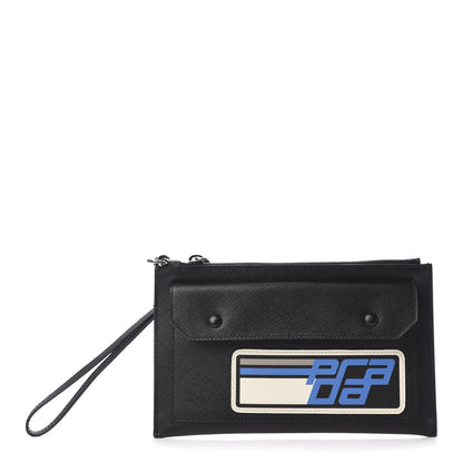 Prada Saffiano Racing Logo Patch Clutch Black Azzurro 1 of 7