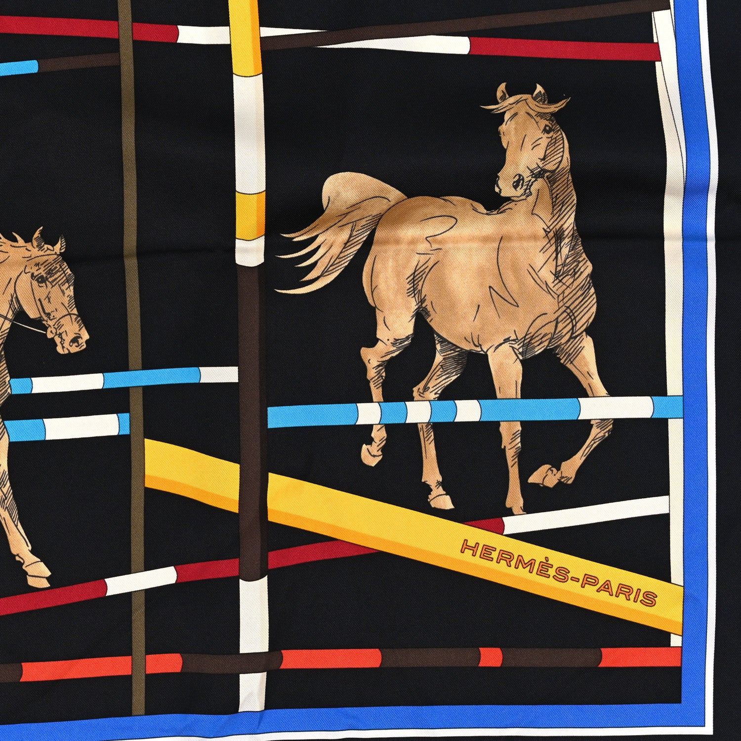 Hermes Silk Saut D’Obstacles Scarf 90 Black Camel Blue 2 of 3