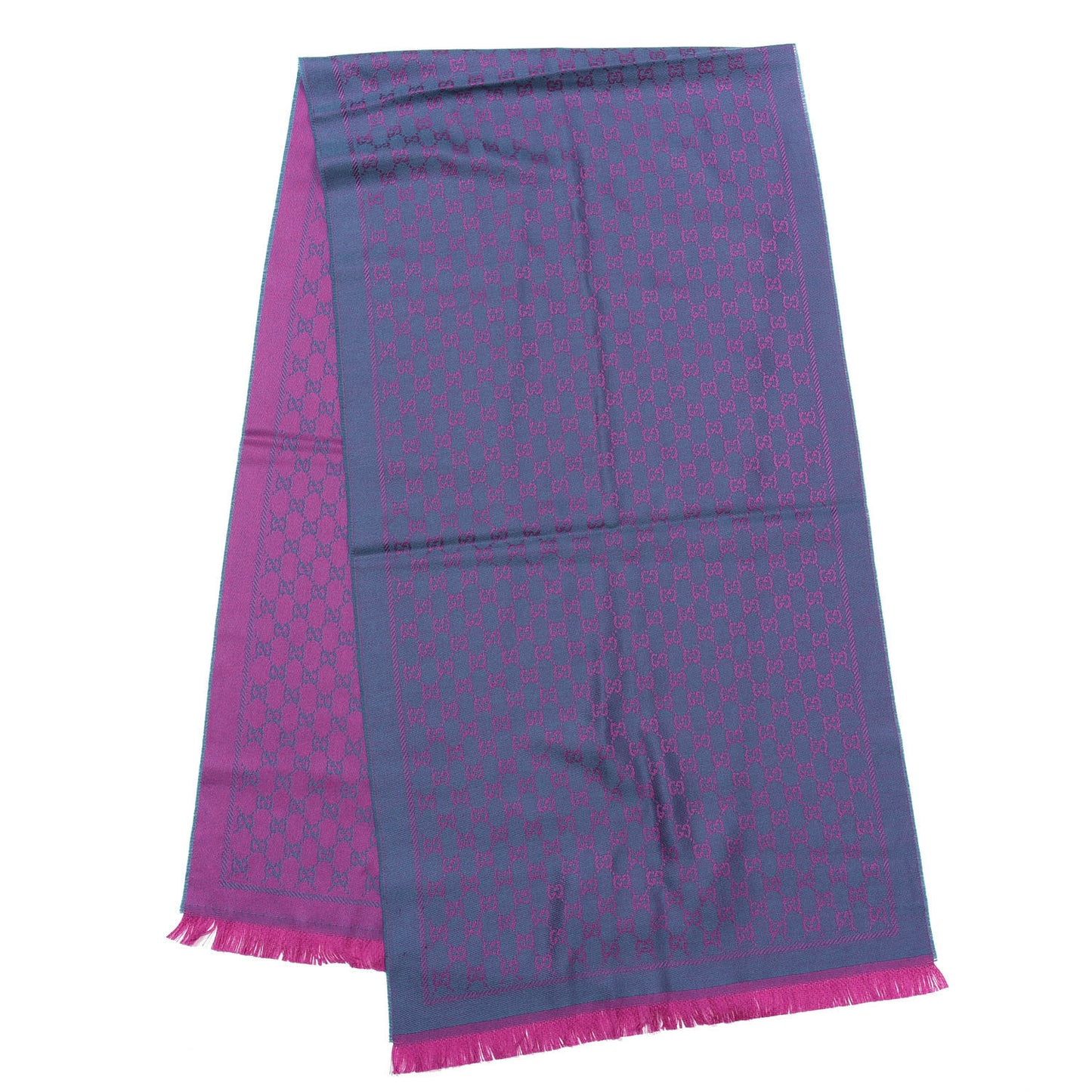 Wool GG Monogram Reversible New Sten Fringe Scarf Petroleum Blue Pink