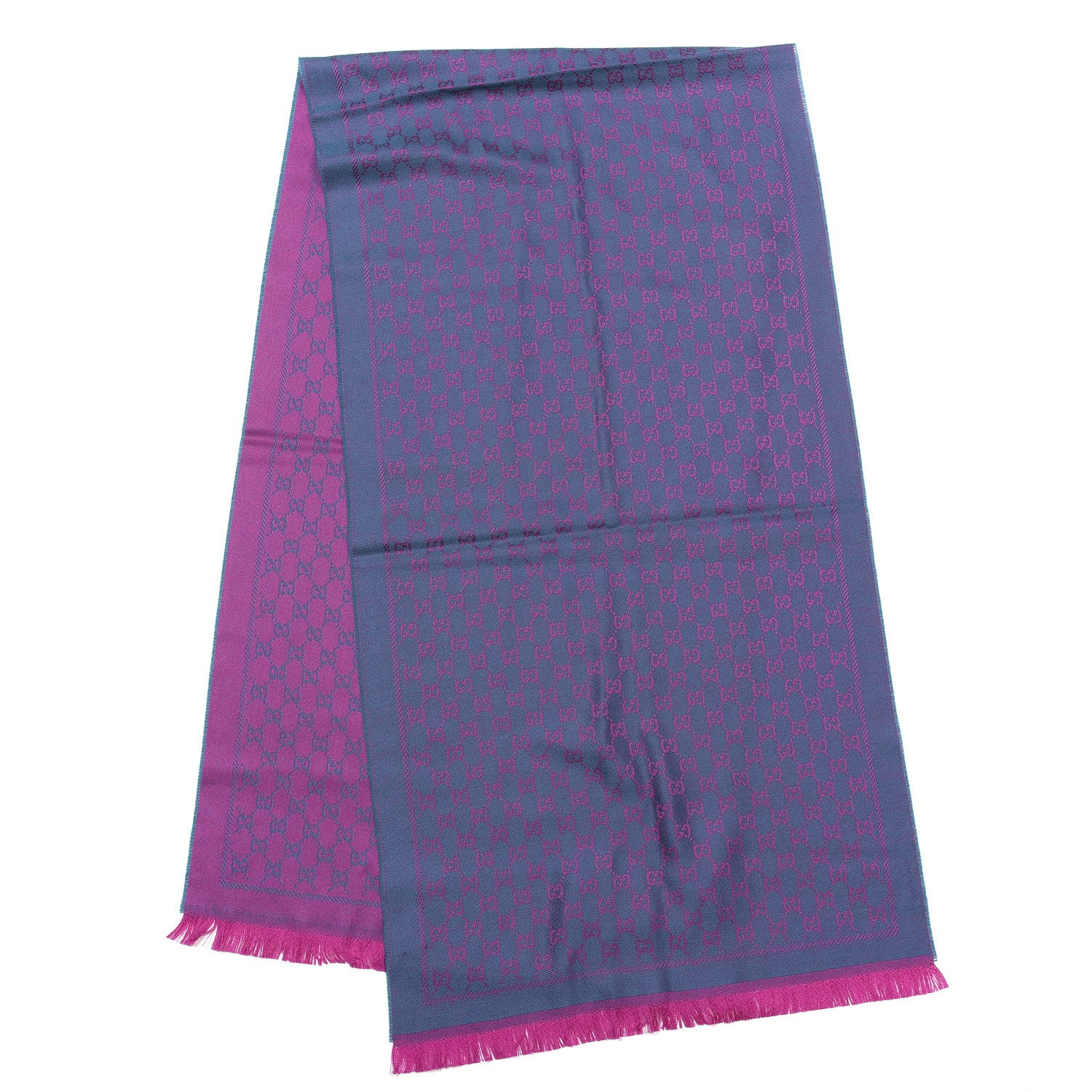 Gucci Wool GG Monogram Reversible New Sten Fringe Scarf Petroleum Blue Pink 1 of 4